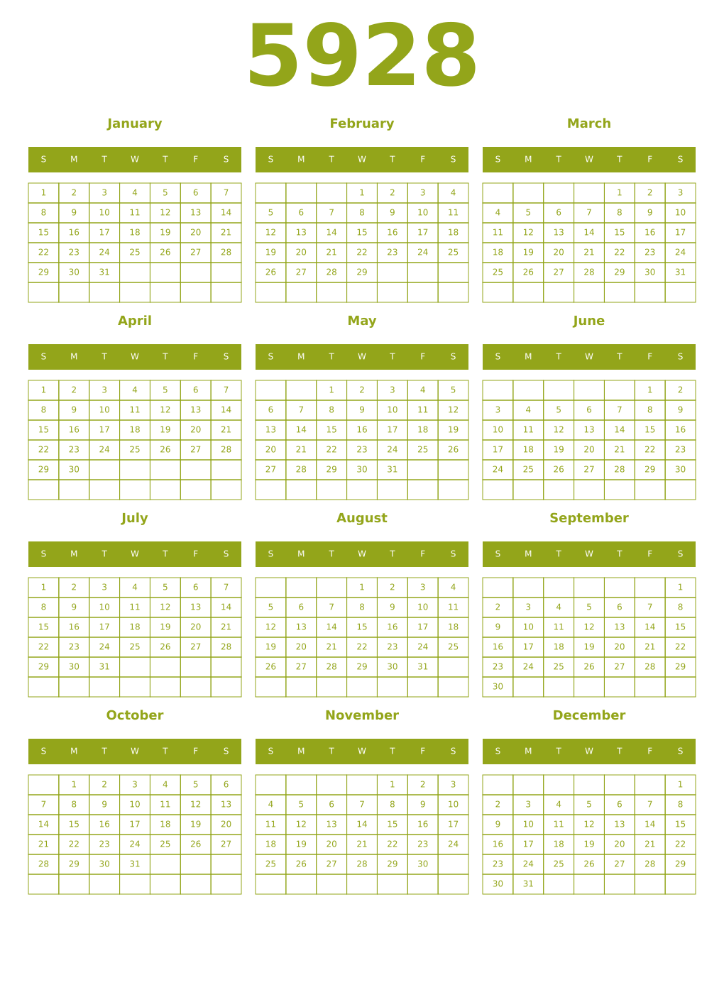 Printable 5928 Year Calendars chartreuse
