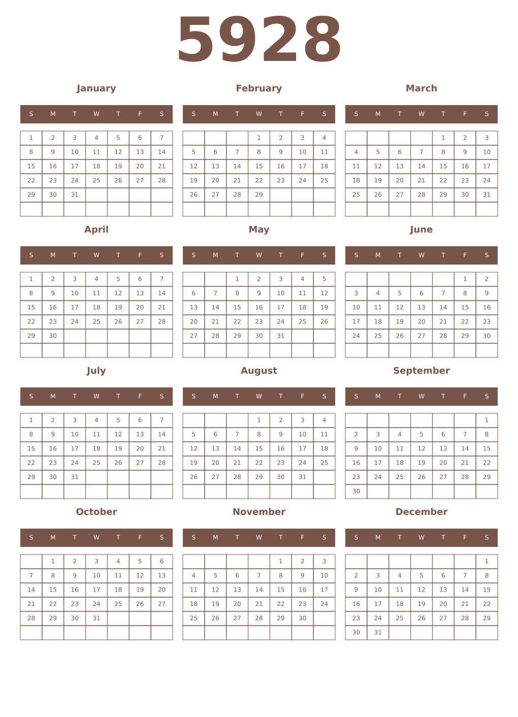 Printable 5928 Year Calendars coffe