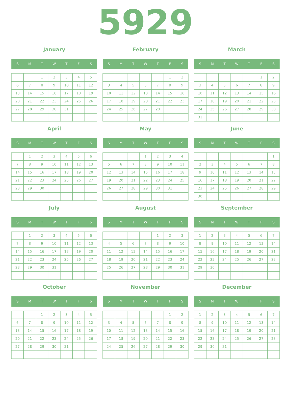 Printable 5929 Year Calendars celadon