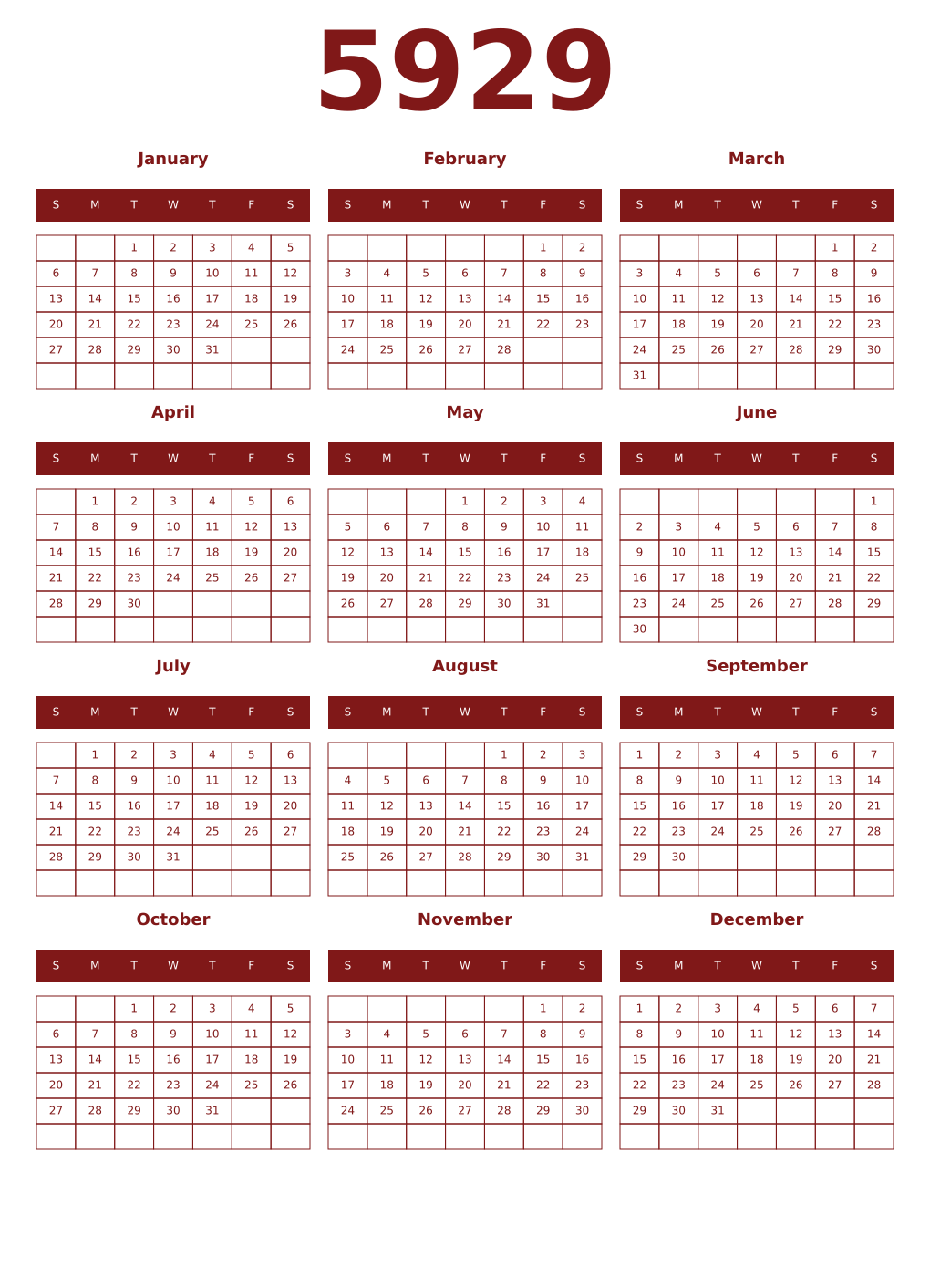 Printable 5929 Year Calendars falu