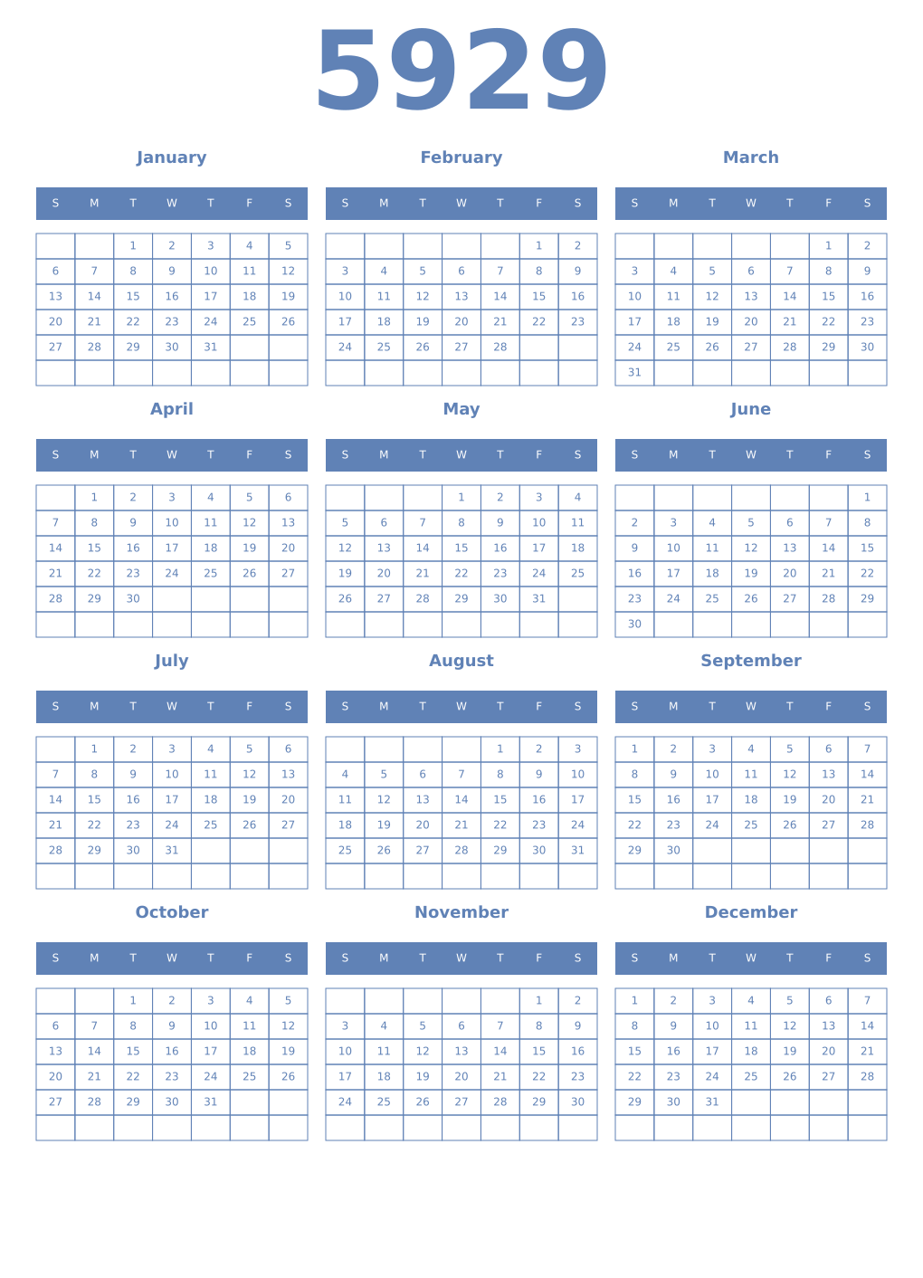 Printable 5929 Year Calendars glaucous