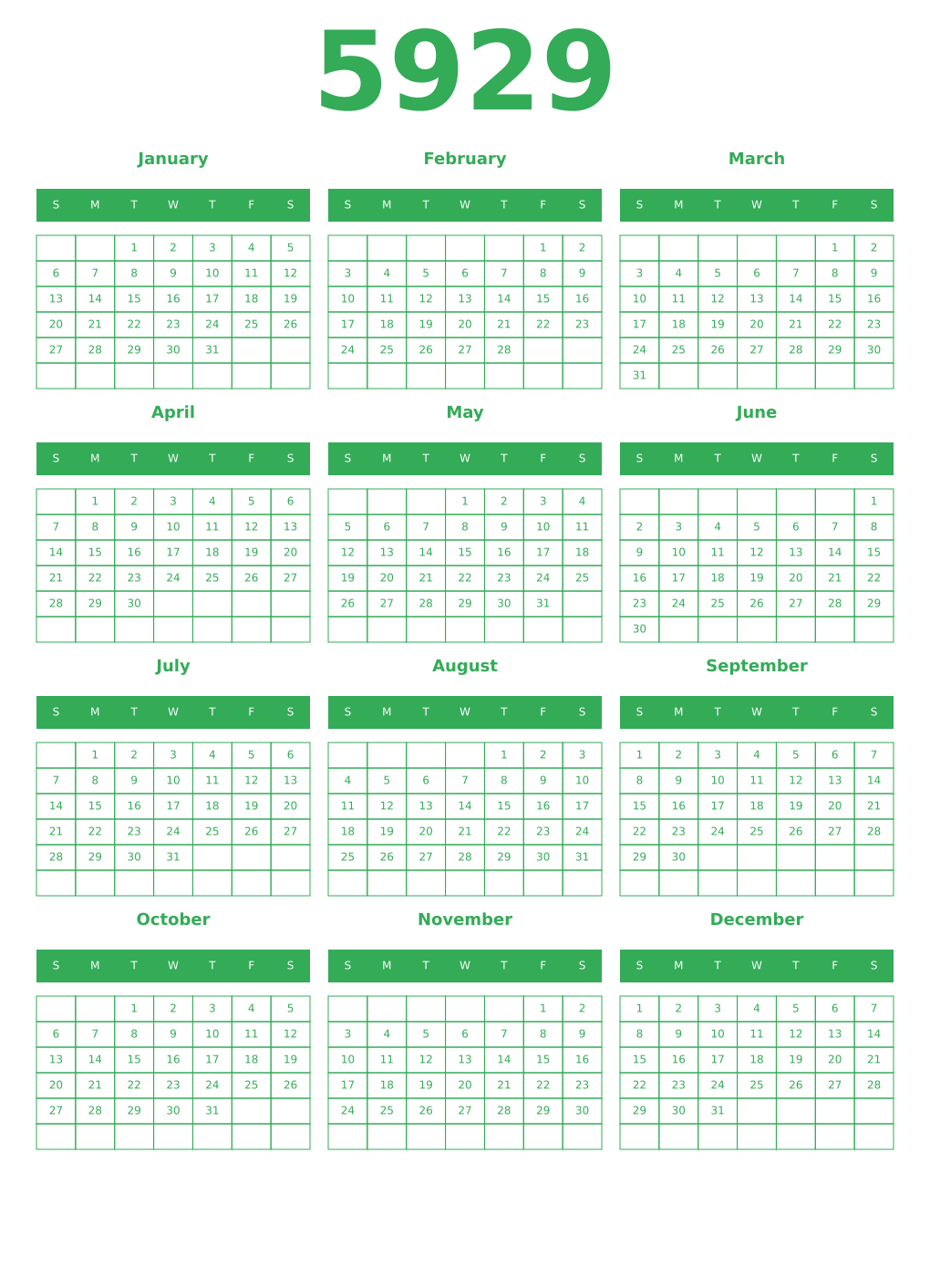 Printable 5929 Year Calendars green