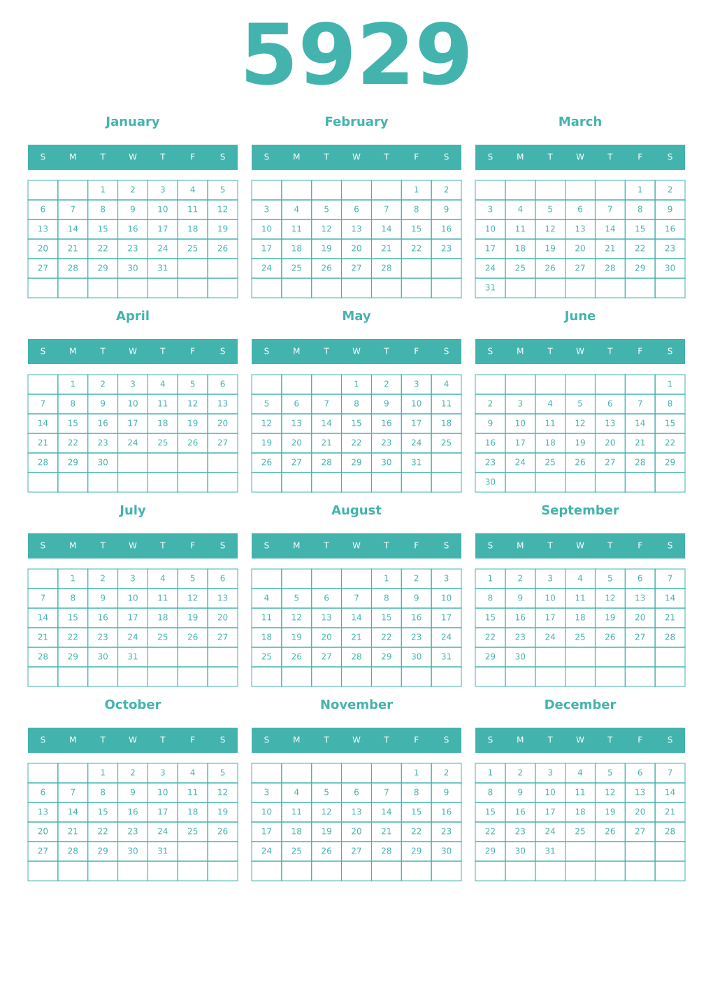 Printable 5929 Year Calendars verdigris