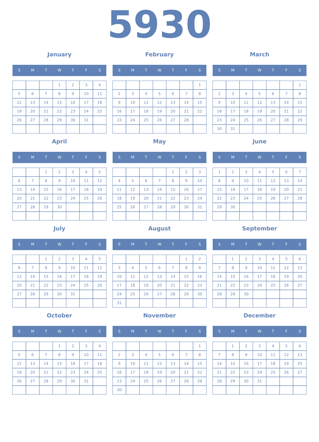 Printable 5930 Year Calendars glaucous