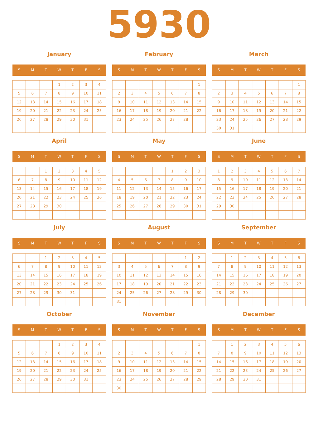 Printable 5930 Year Calendars orange