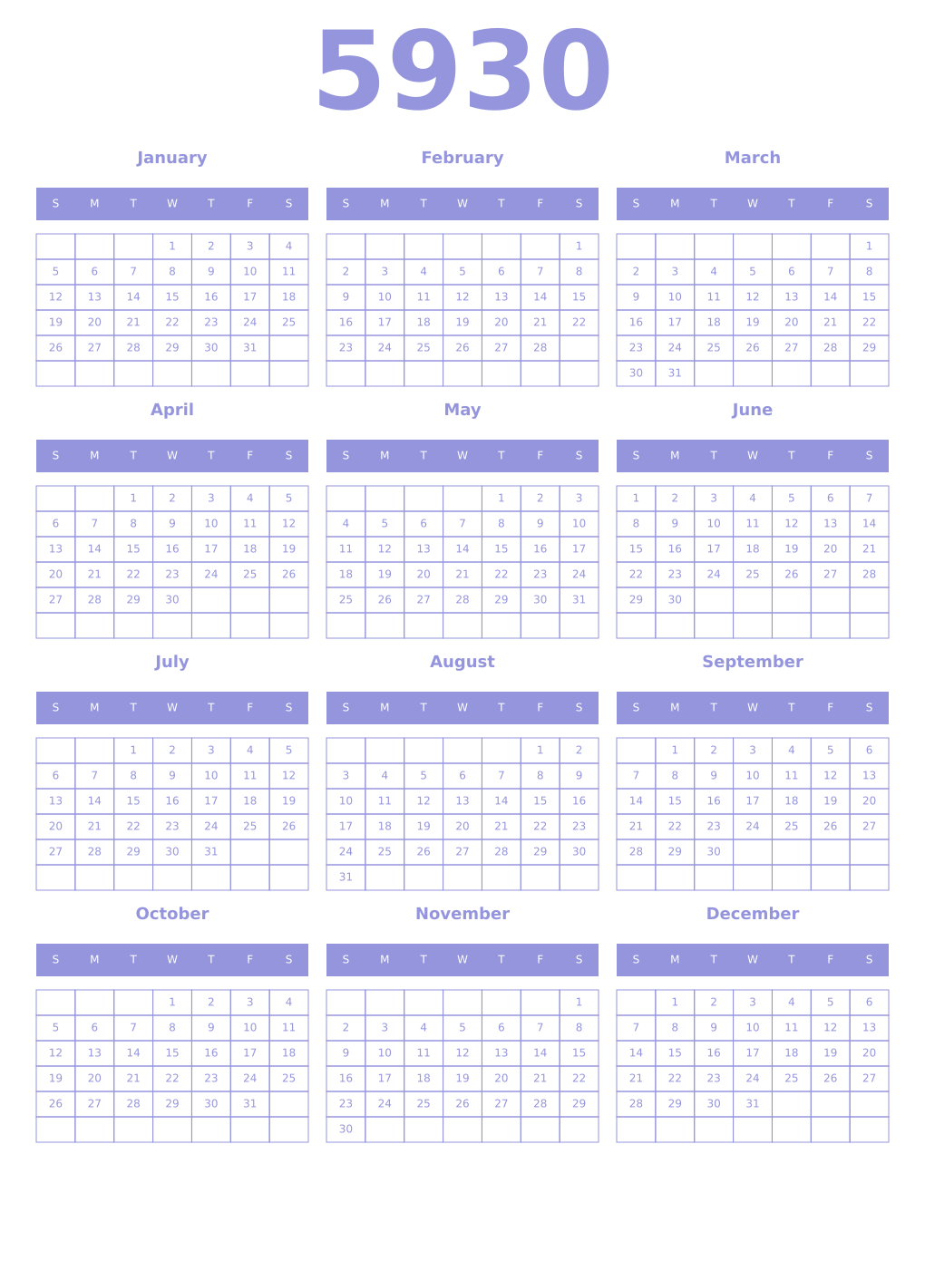 Printable 5930 Year Calendars periwinkle