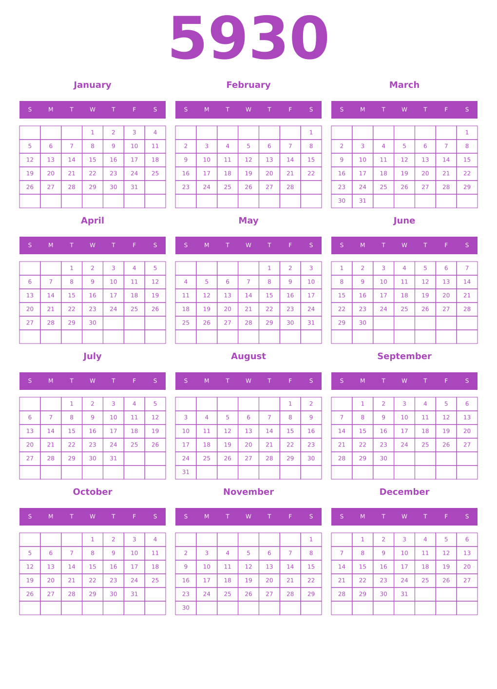 Printable 5930 Year Calendars purple