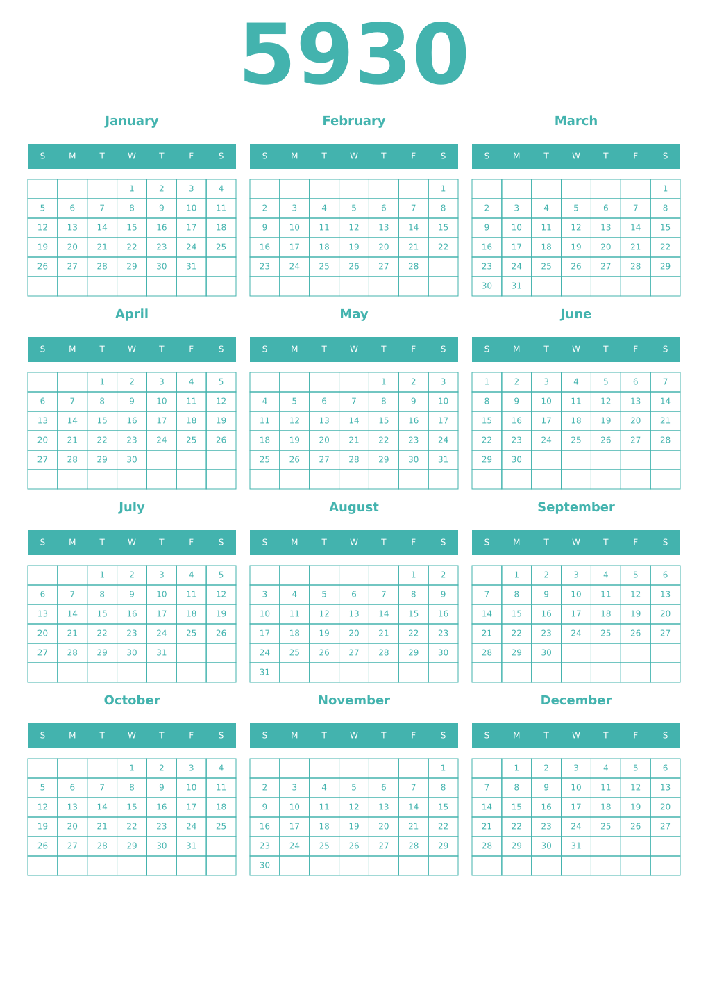Printable 5930 Year Calendars verdigris