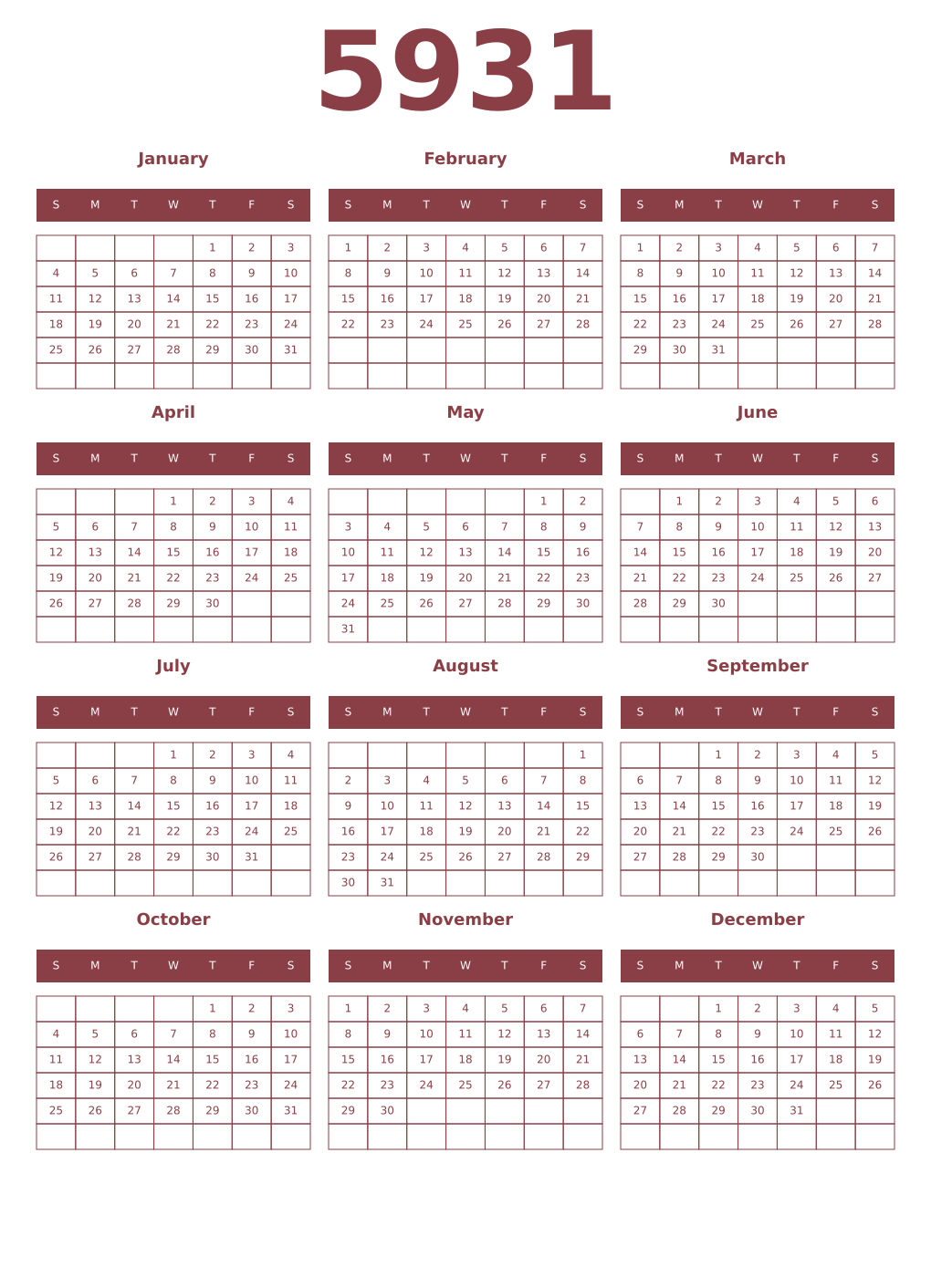 Printable 5931 Year Calendars cordovan