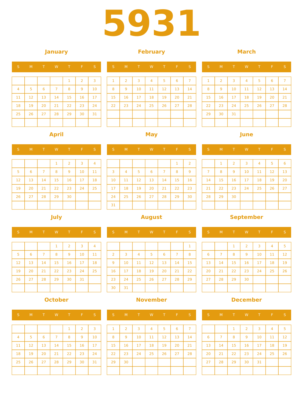 Printable 5931 Year Calendars gamboge