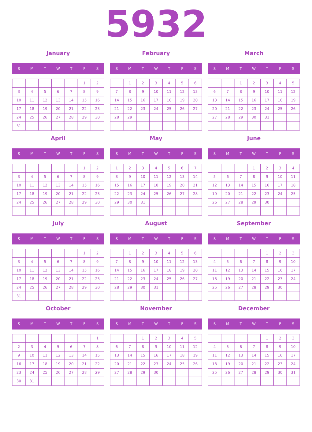 Printable 5932 Calendars