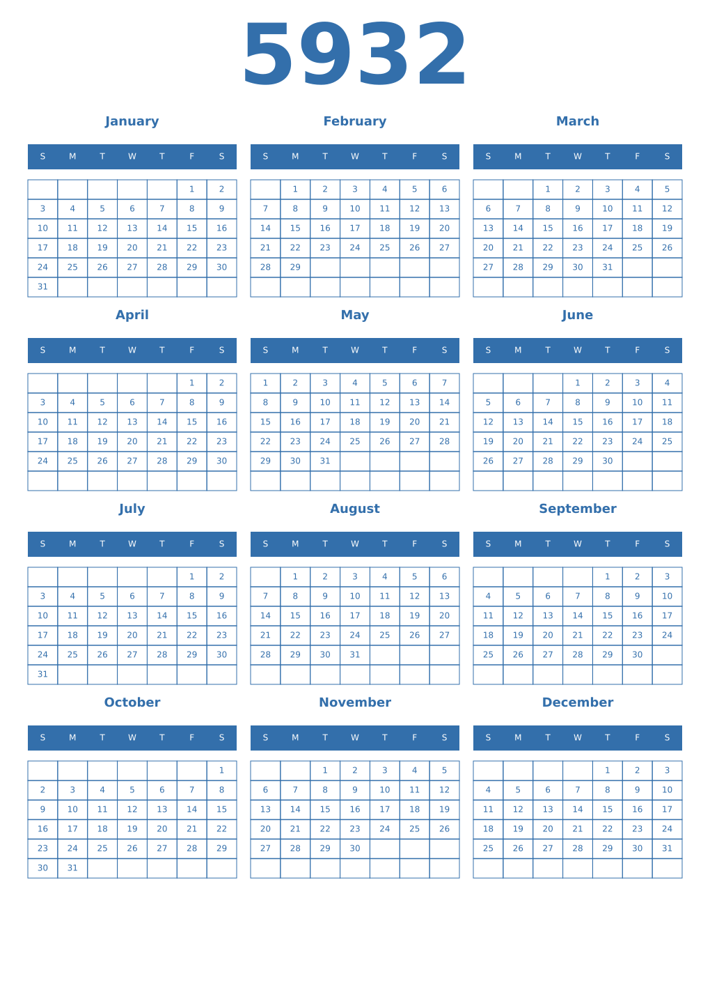 Printable 5932 Year Calendars blue