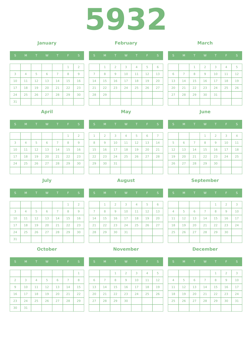Printable 5932 Year Calendars celadon