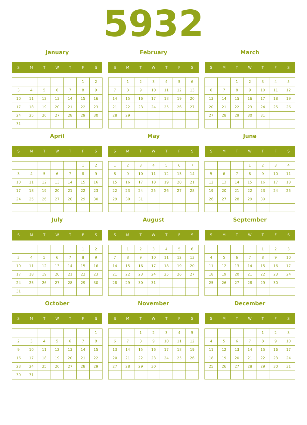 Printable 5932 Year Calendars chartreuse
