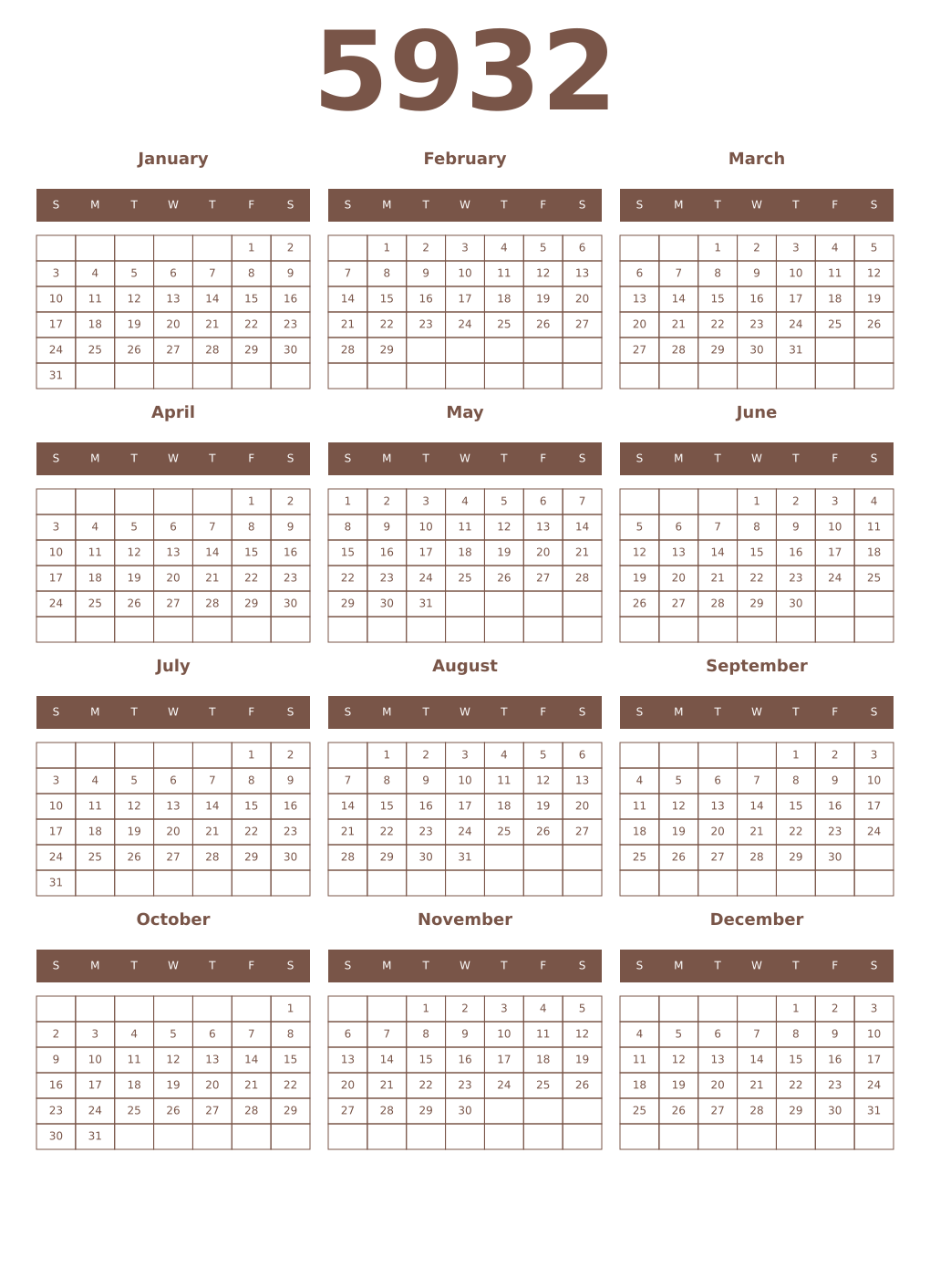 Printable 5932 Year Calendars coffe
