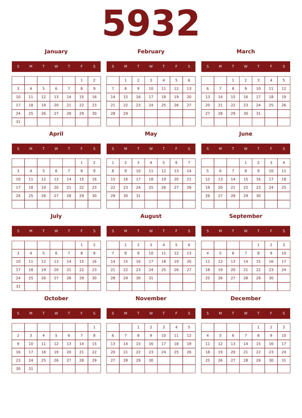 Printable 5932 Year Calendars falu