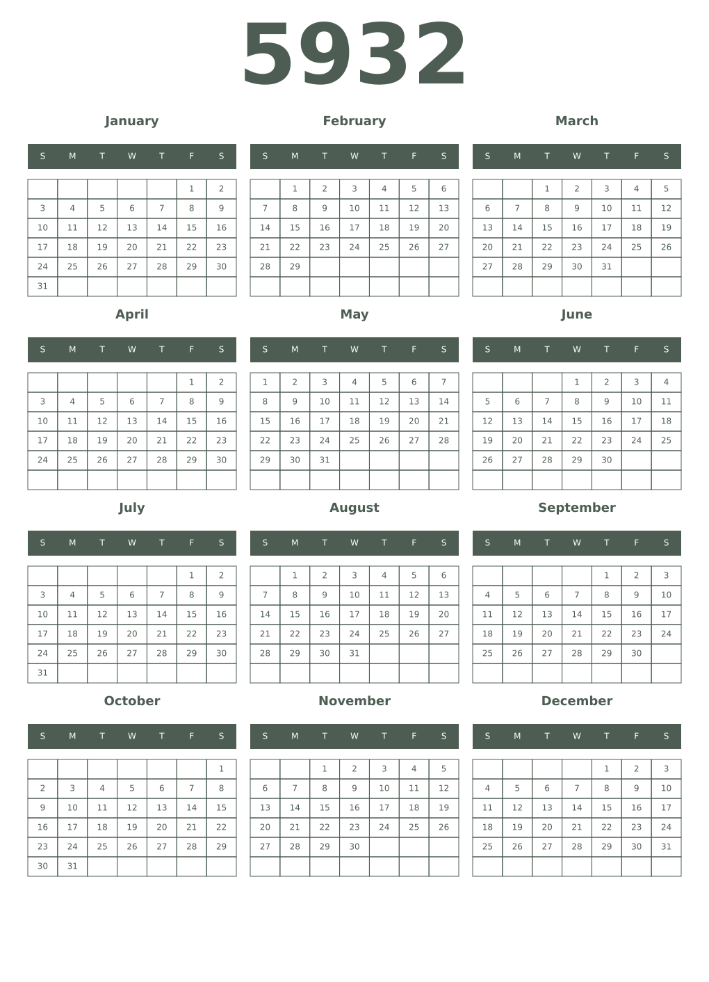 Printable 5932 Year Calendars feldgrau
