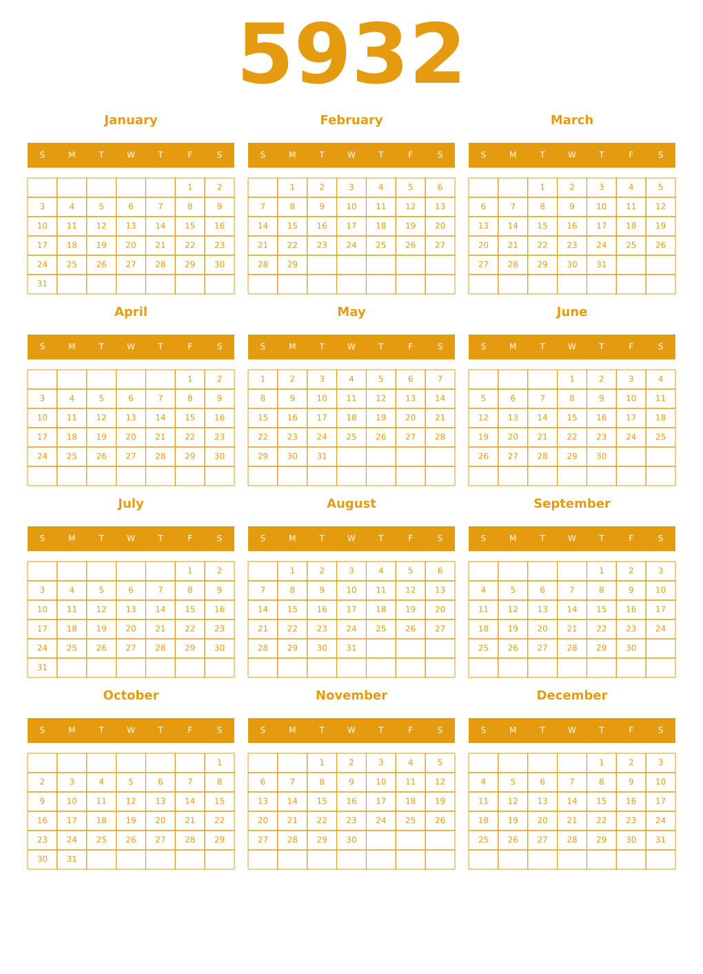 Printable 5932 Year Calendars gamboge
