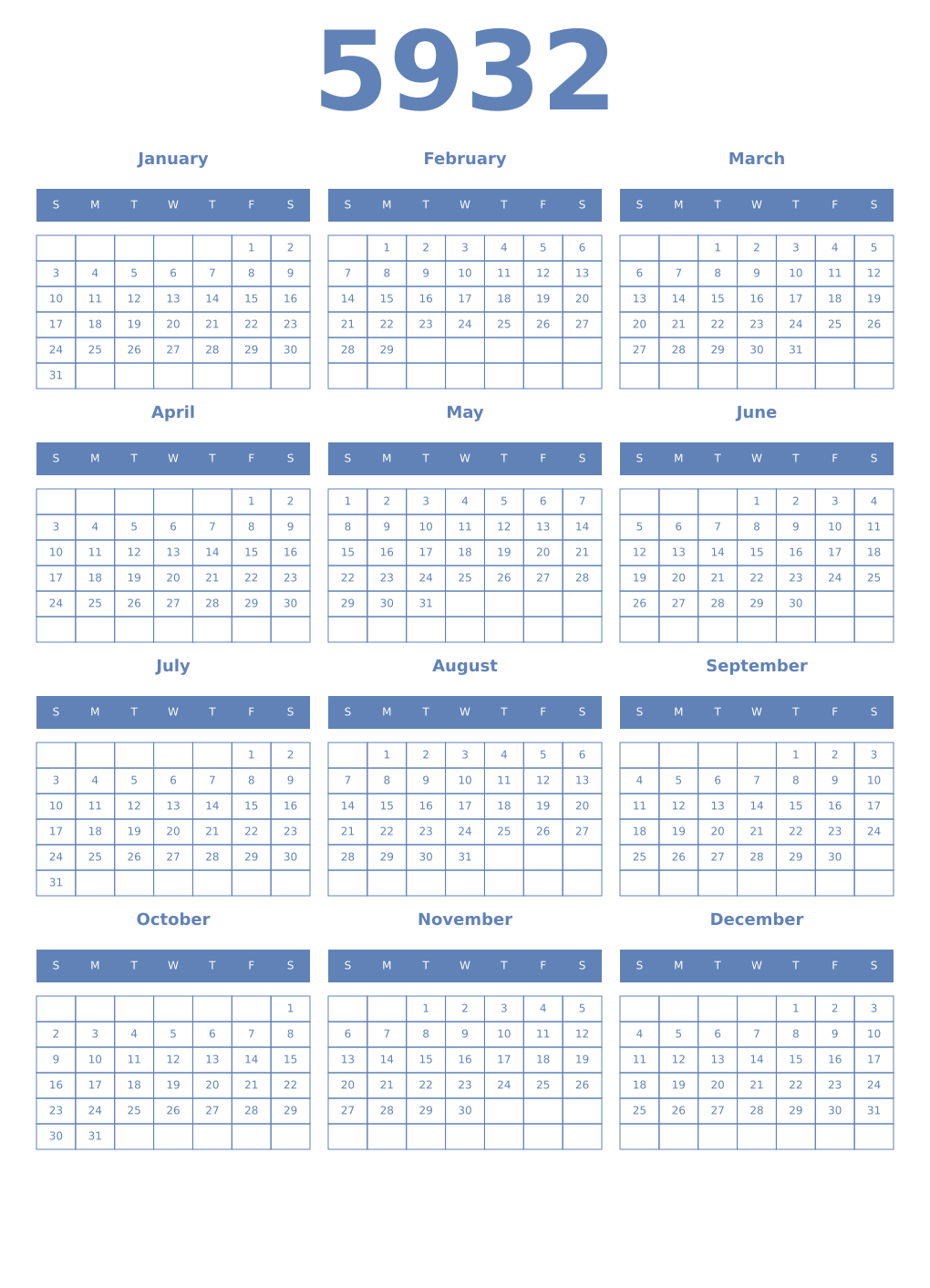 Printable 5932 Year Calendars glaucous