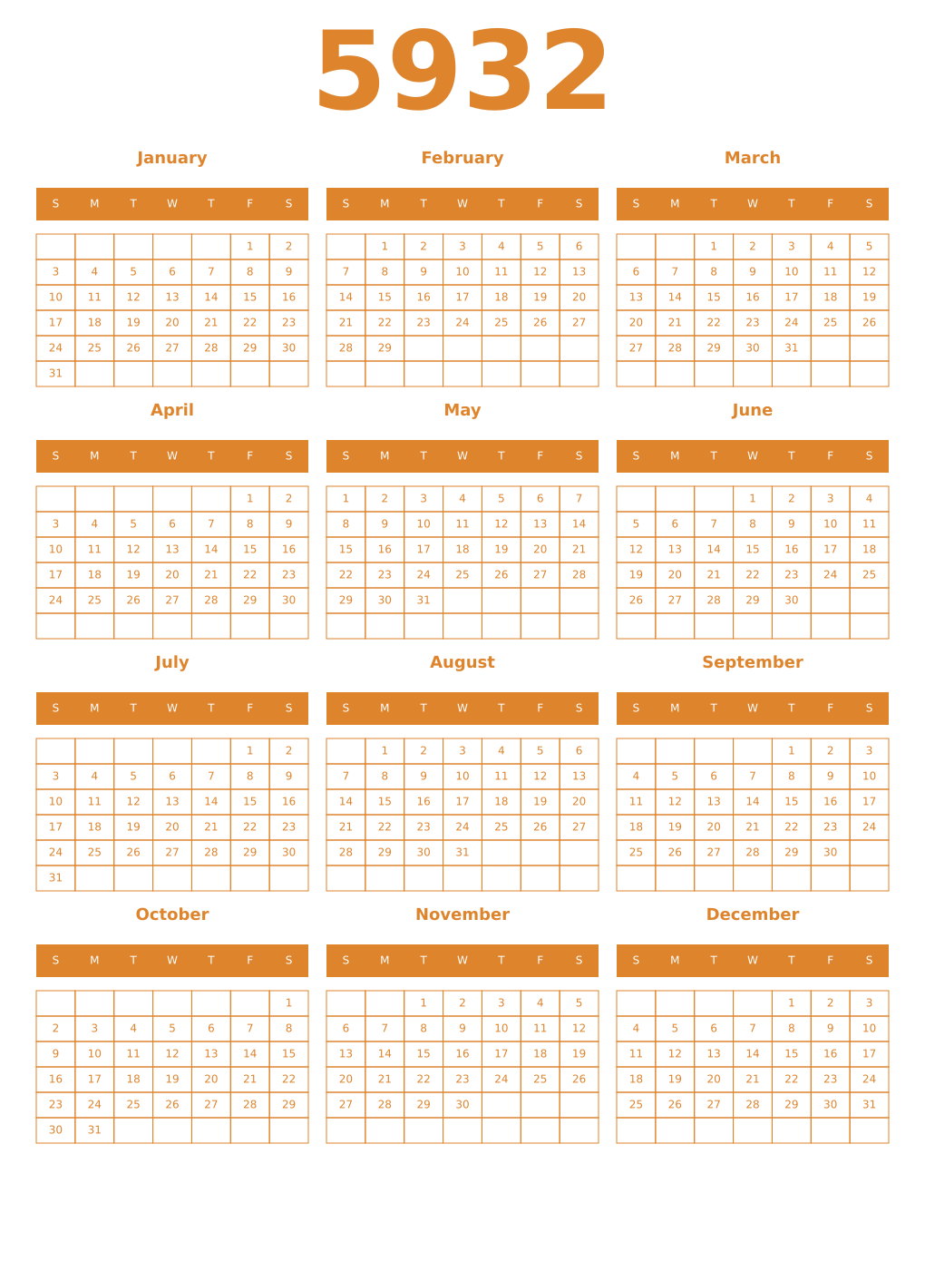 Printable 5932 Year Calendars orange