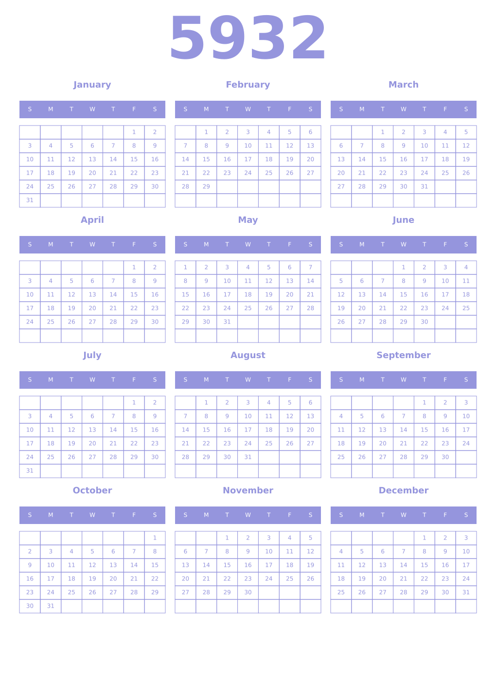 Printable 5932 Year Calendars periwinkle