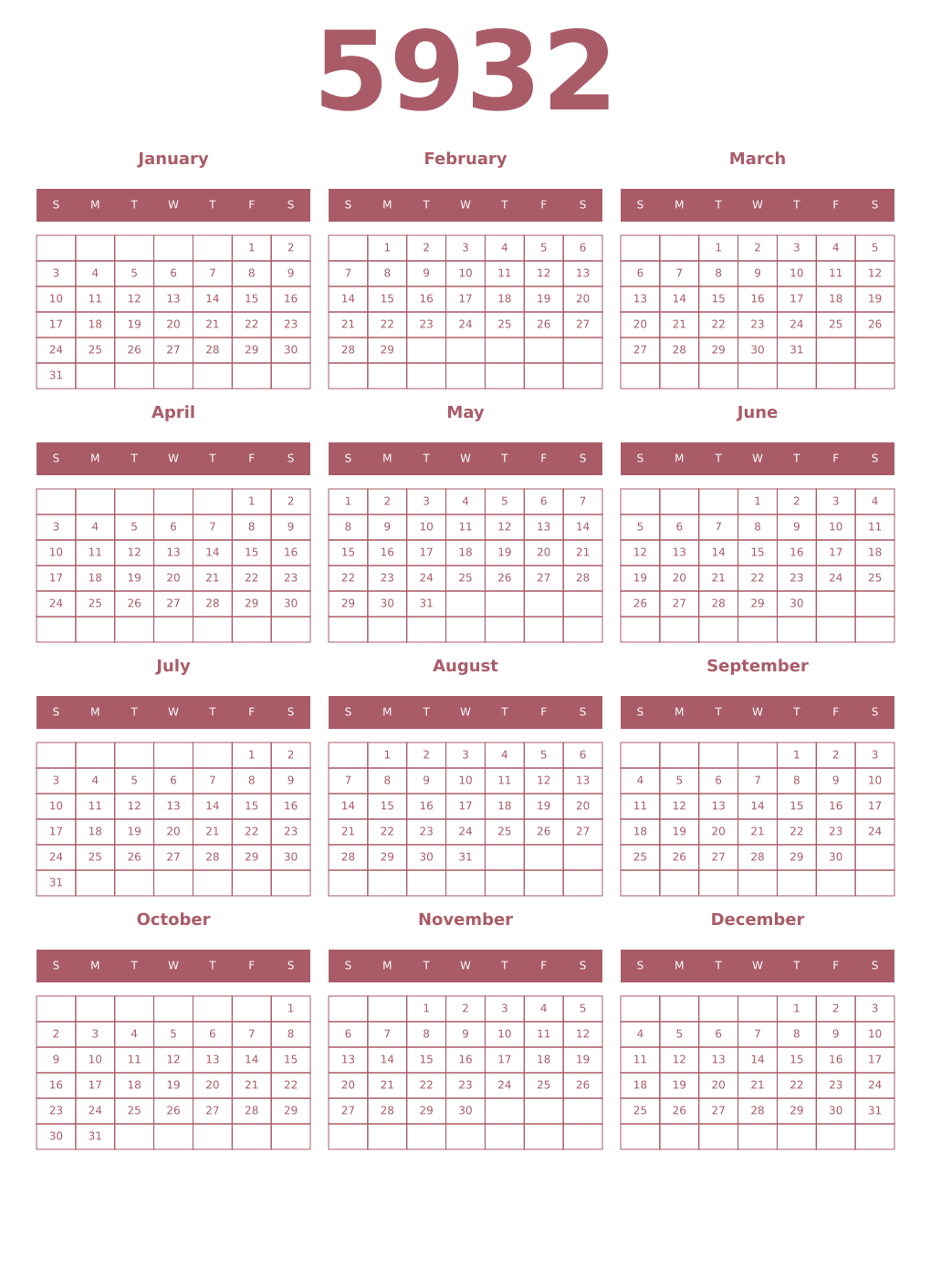 Printable 5932 Year Calendars puce
