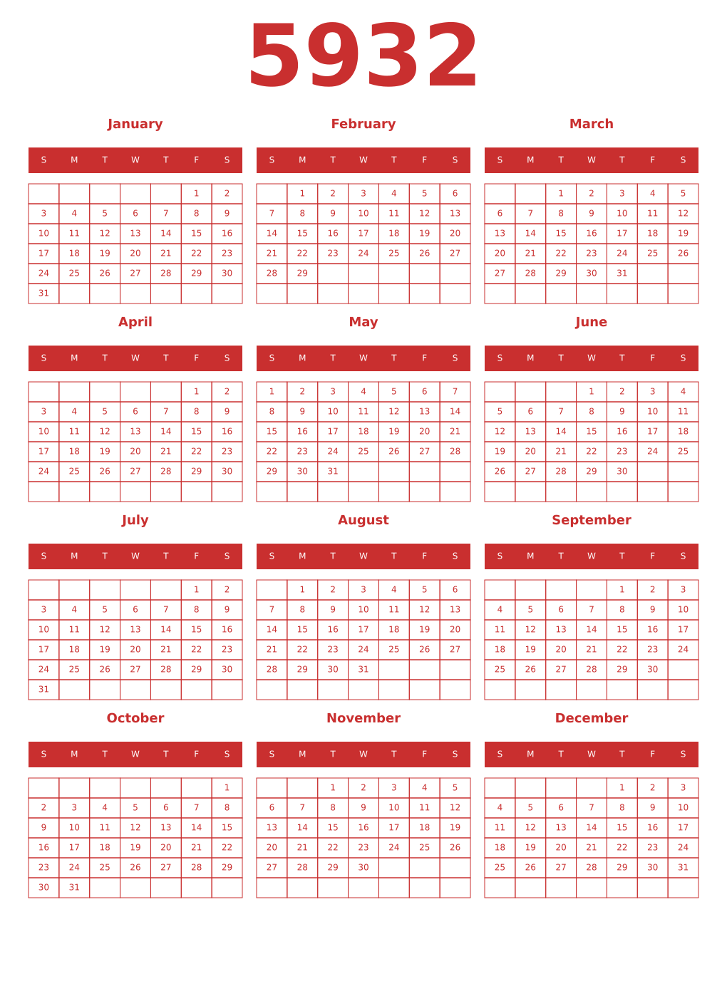 Printable 5932 Year Calendars red