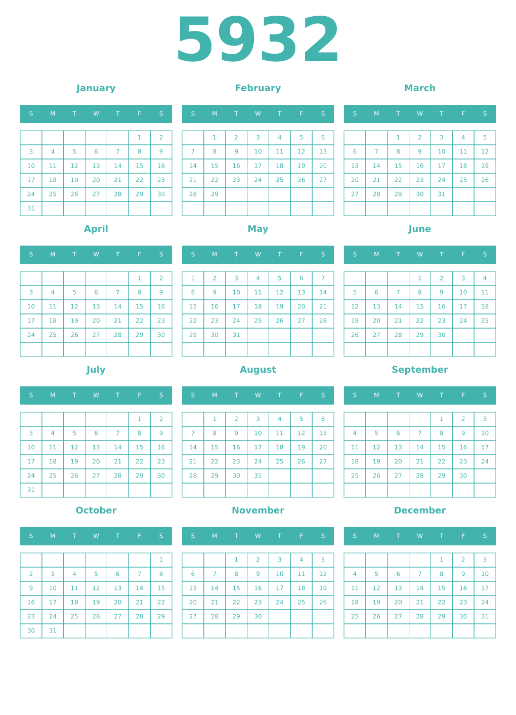 Printable 5932 Year Calendars verdigris