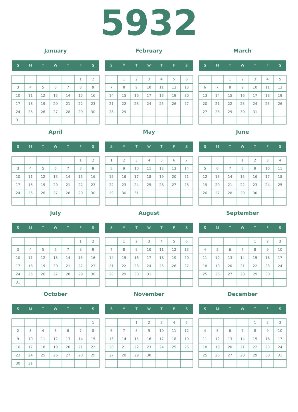 Printable 5932 Year Calendars viridian