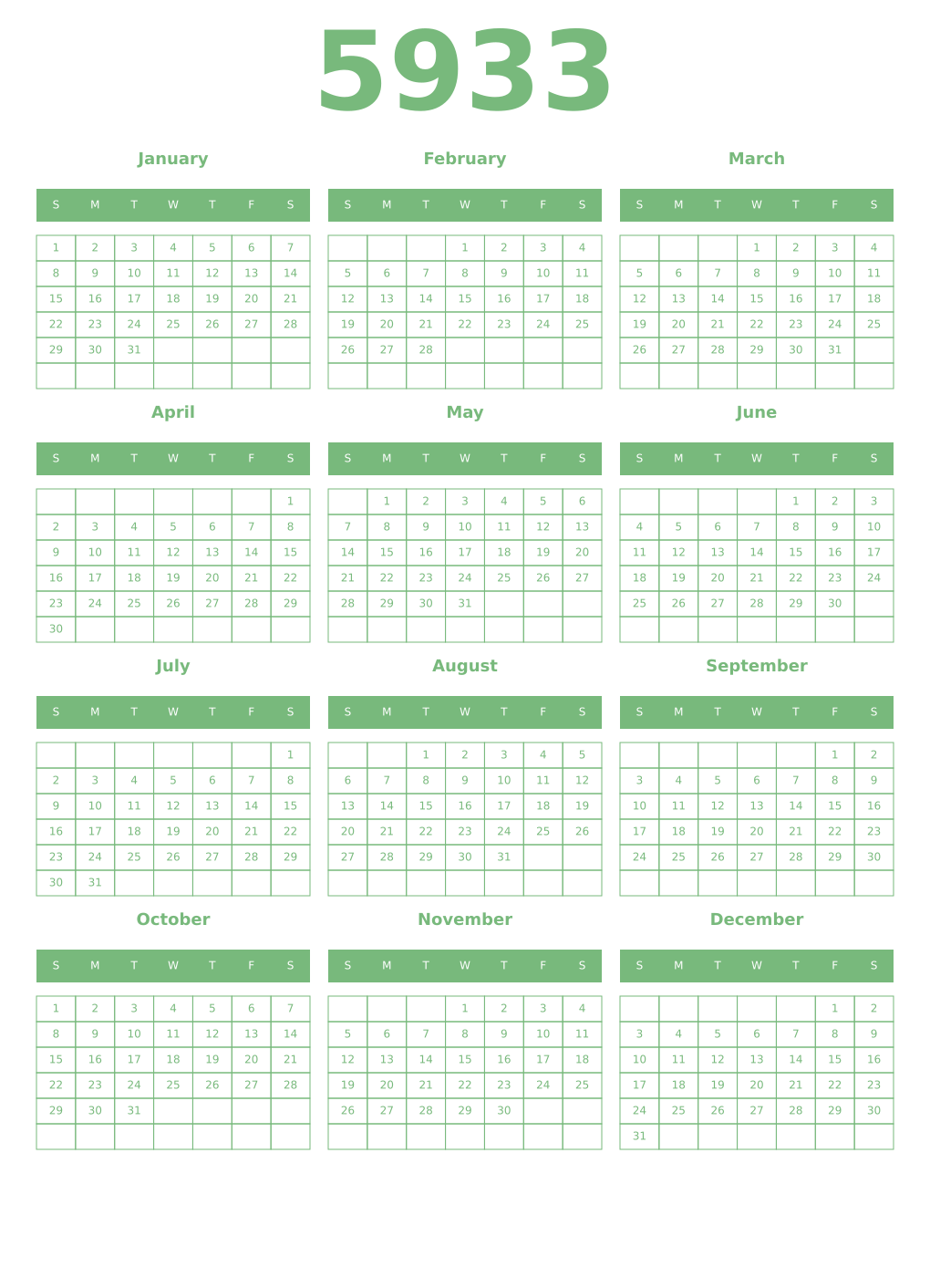 Printable 5933 Year Calendars celadon