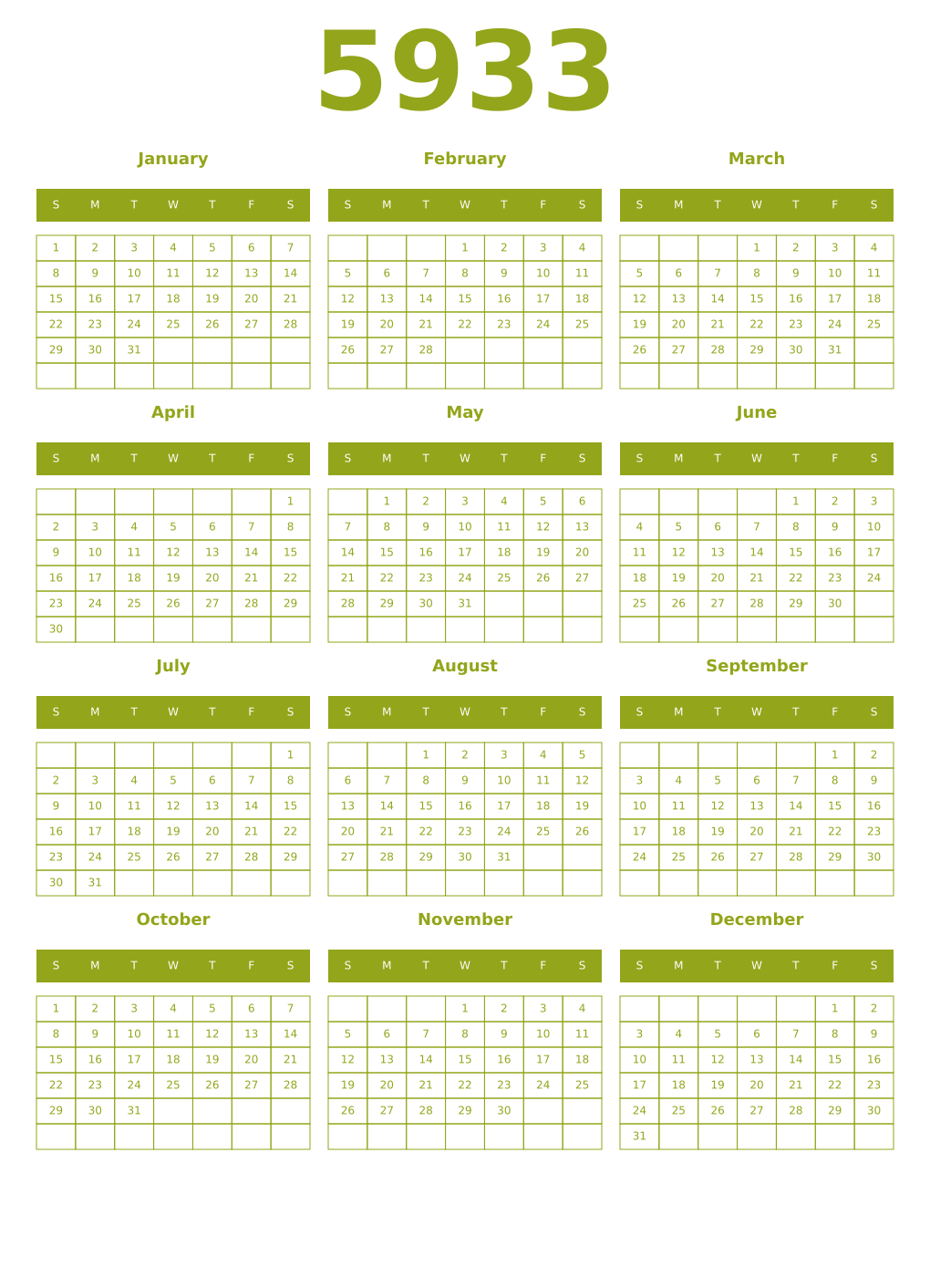 Printable 5933 Year Calendars chartreuse