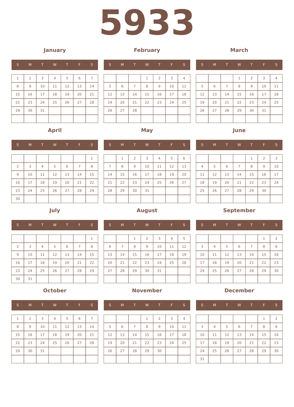 Printable 5933 Year Calendars coffe