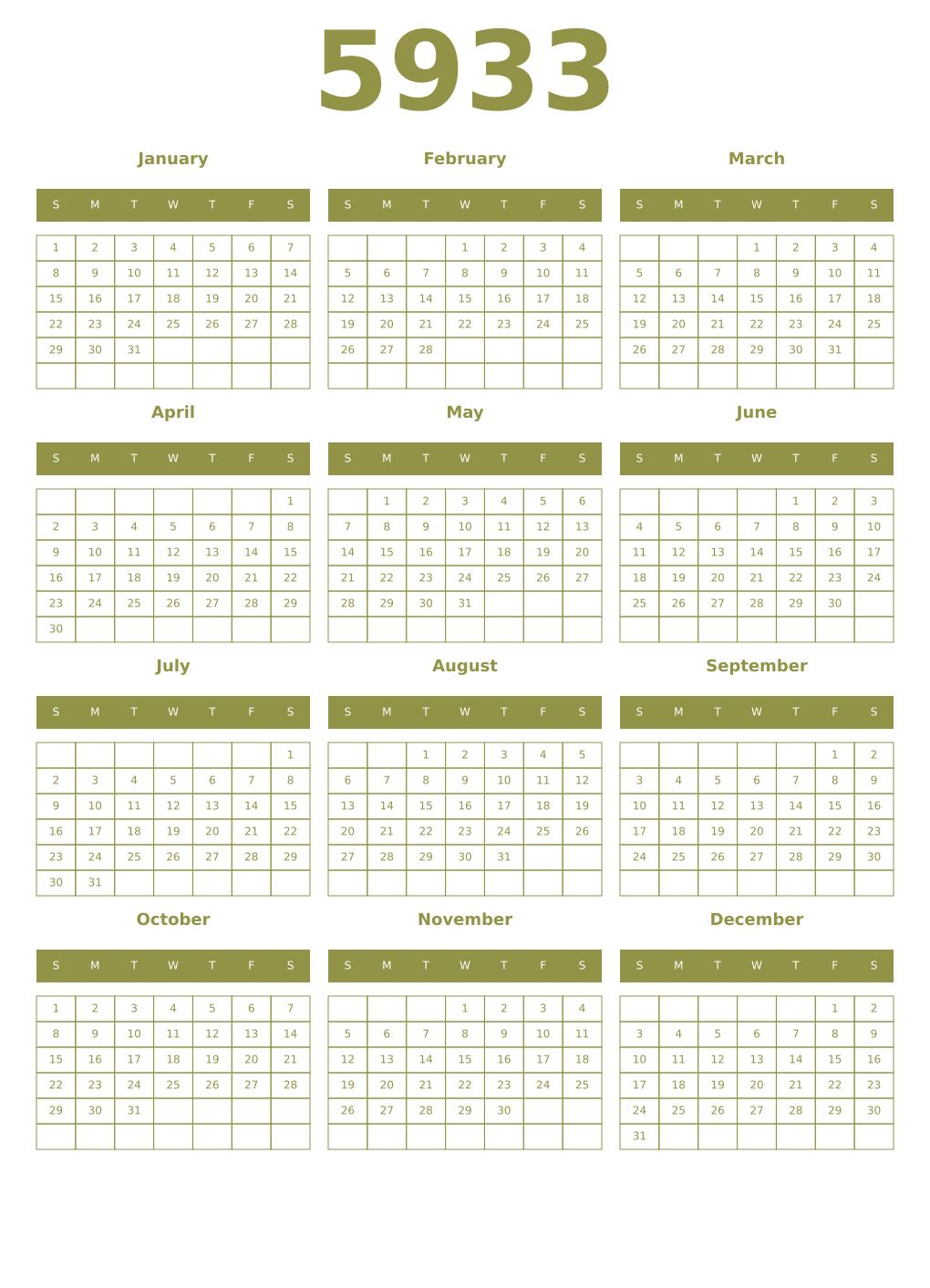 Printable 5933 Year Calendars eburnean