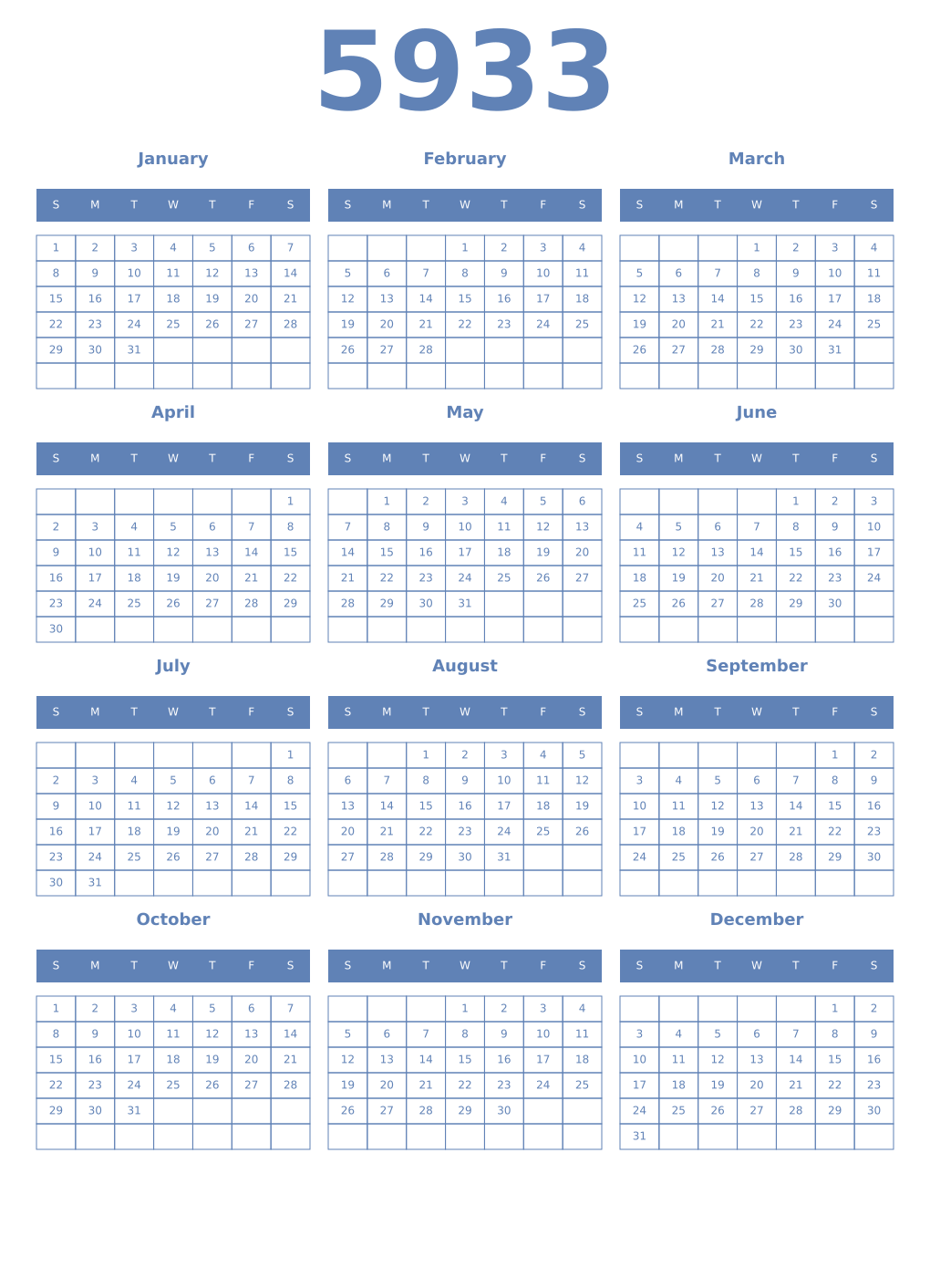 Printable 5933 Year Calendars glaucous