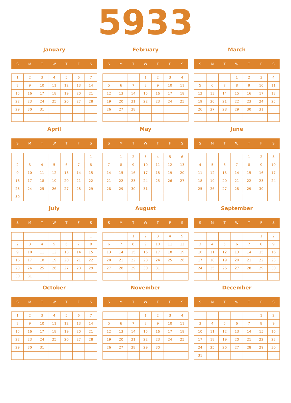 Printable 5933 Year Calendars orange
