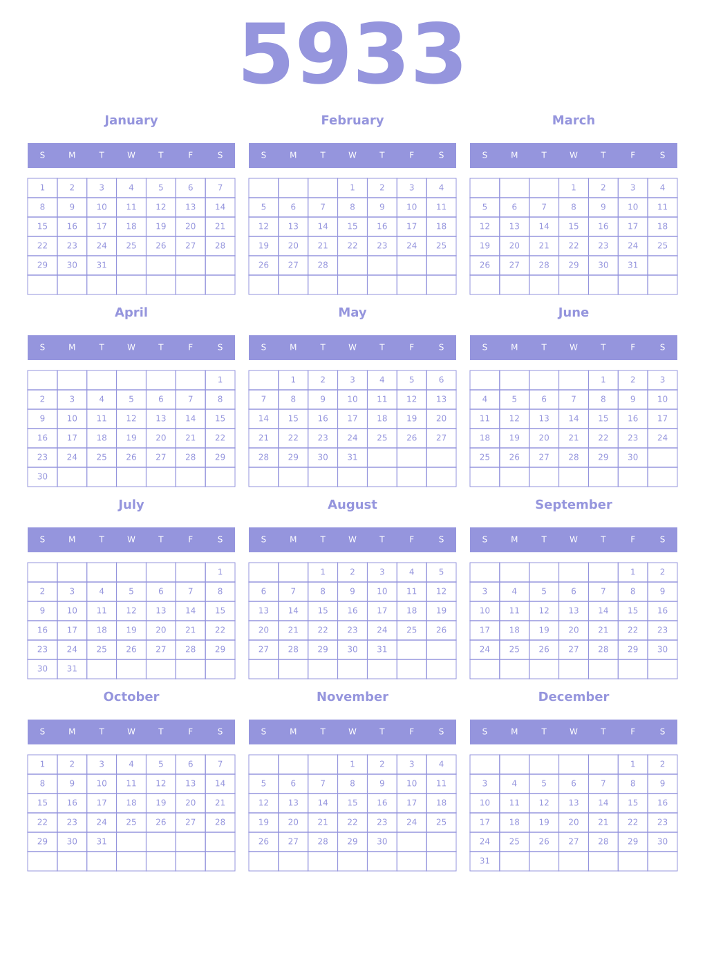Printable 5933 Year Calendars periwinkle