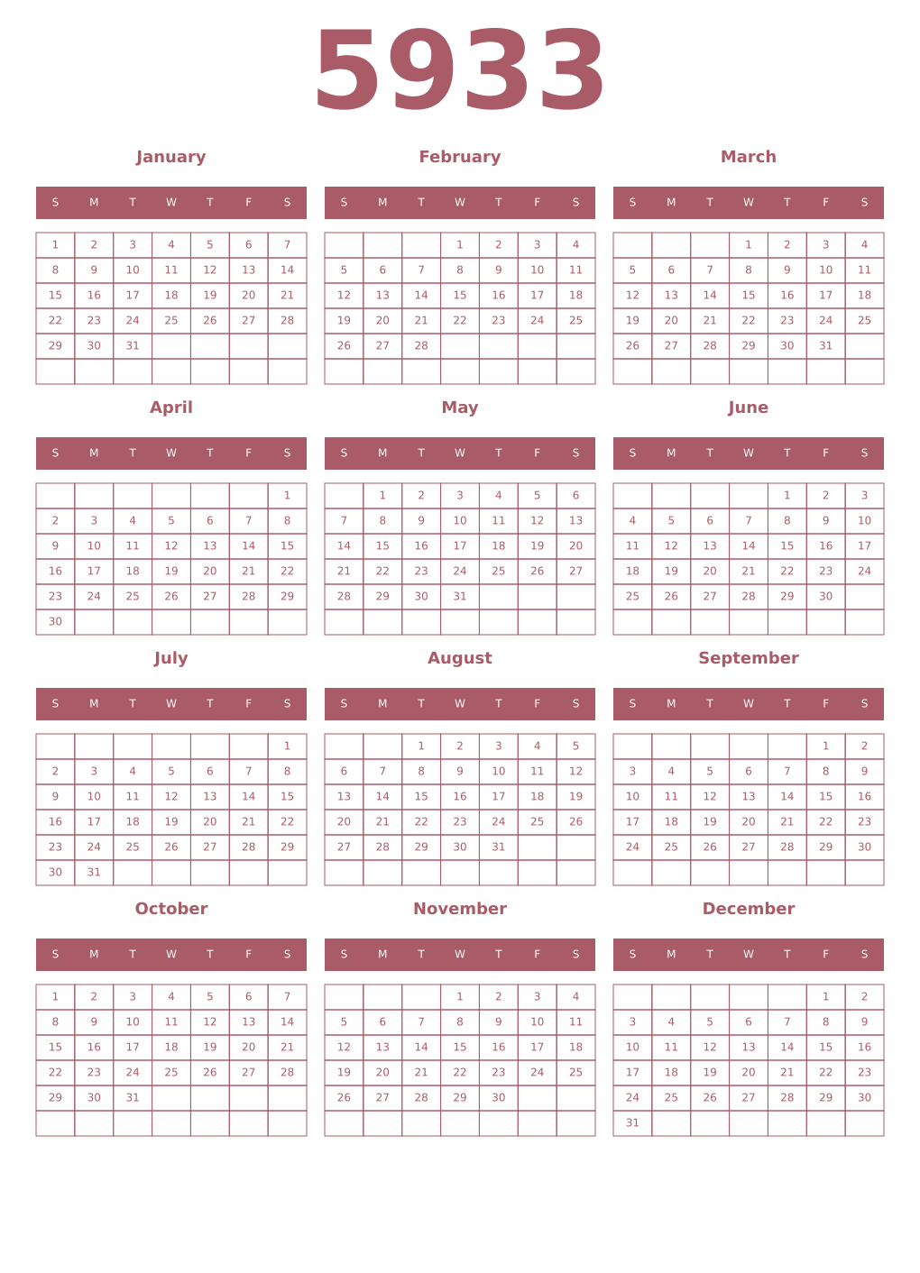 Printable 5933 Year Calendars puce
