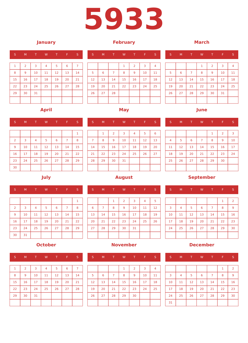 Printable 5933 Year Calendars red