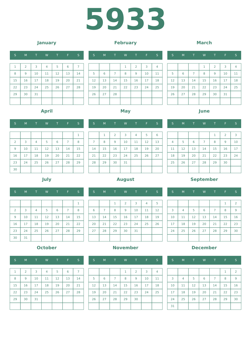 Printable 5933 Year Calendars viridian