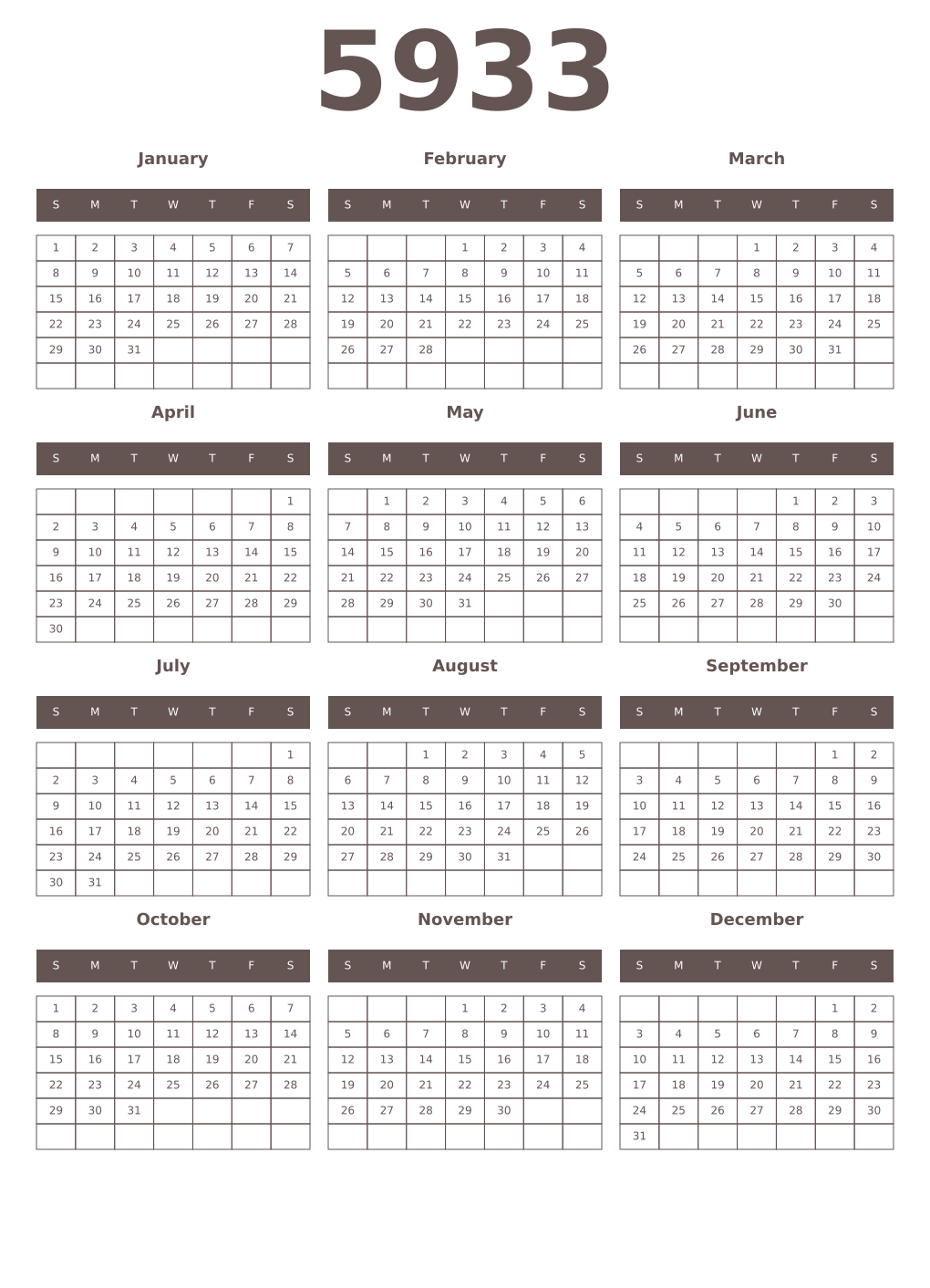Printable 5933 Year Calendars wenge