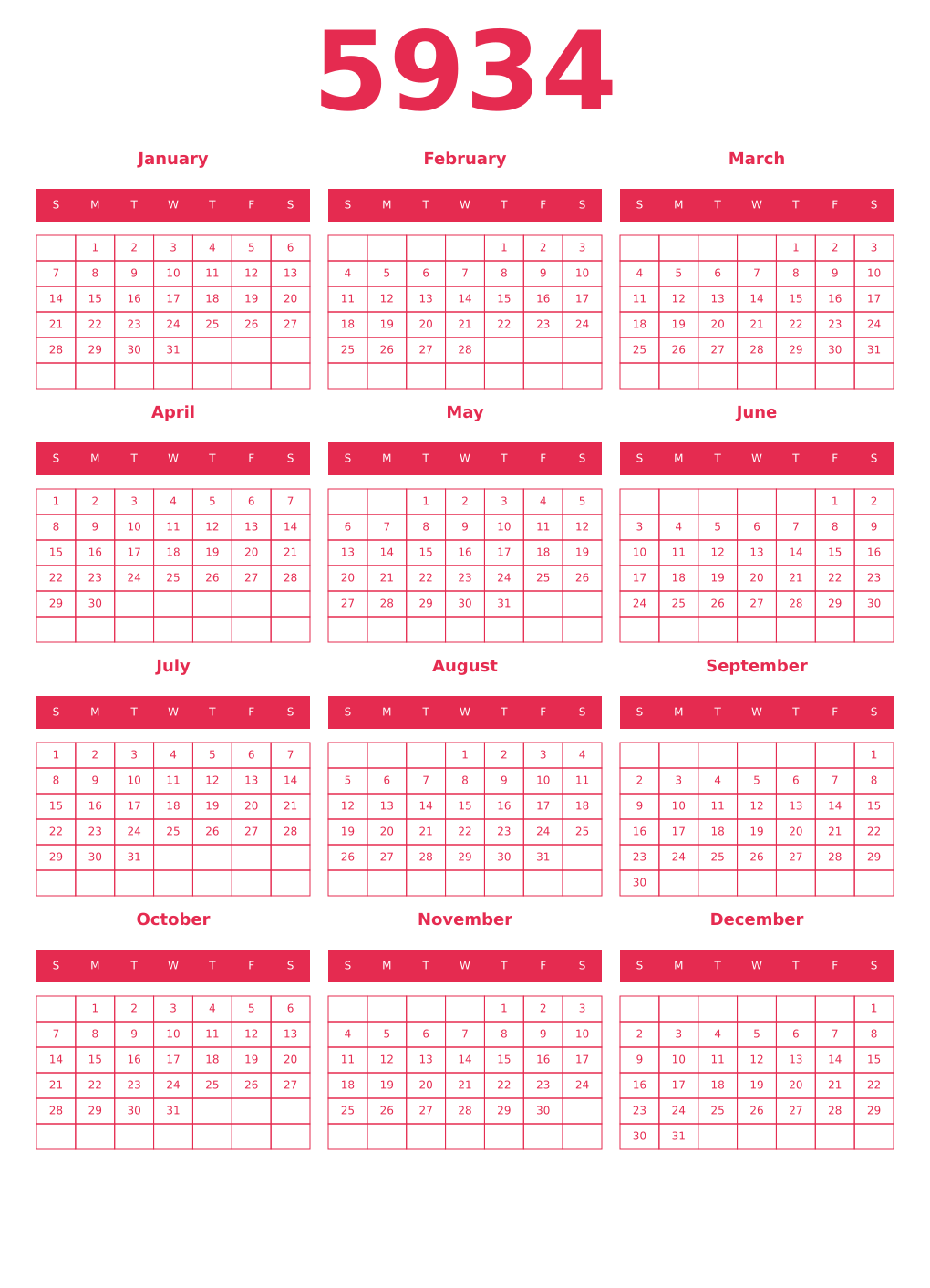 Printable 5934 Year Calendars amaranth
