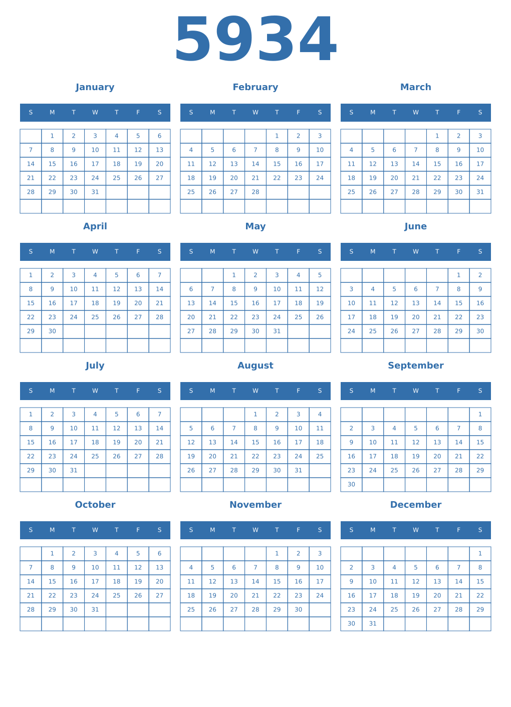 Printable 5934 Year Calendars blue
