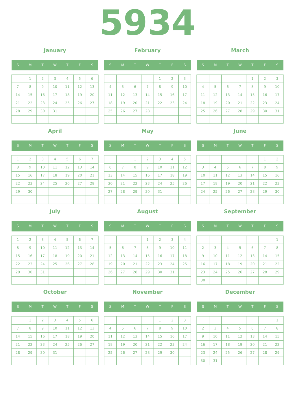 Printable 5934 Year Calendars celadon