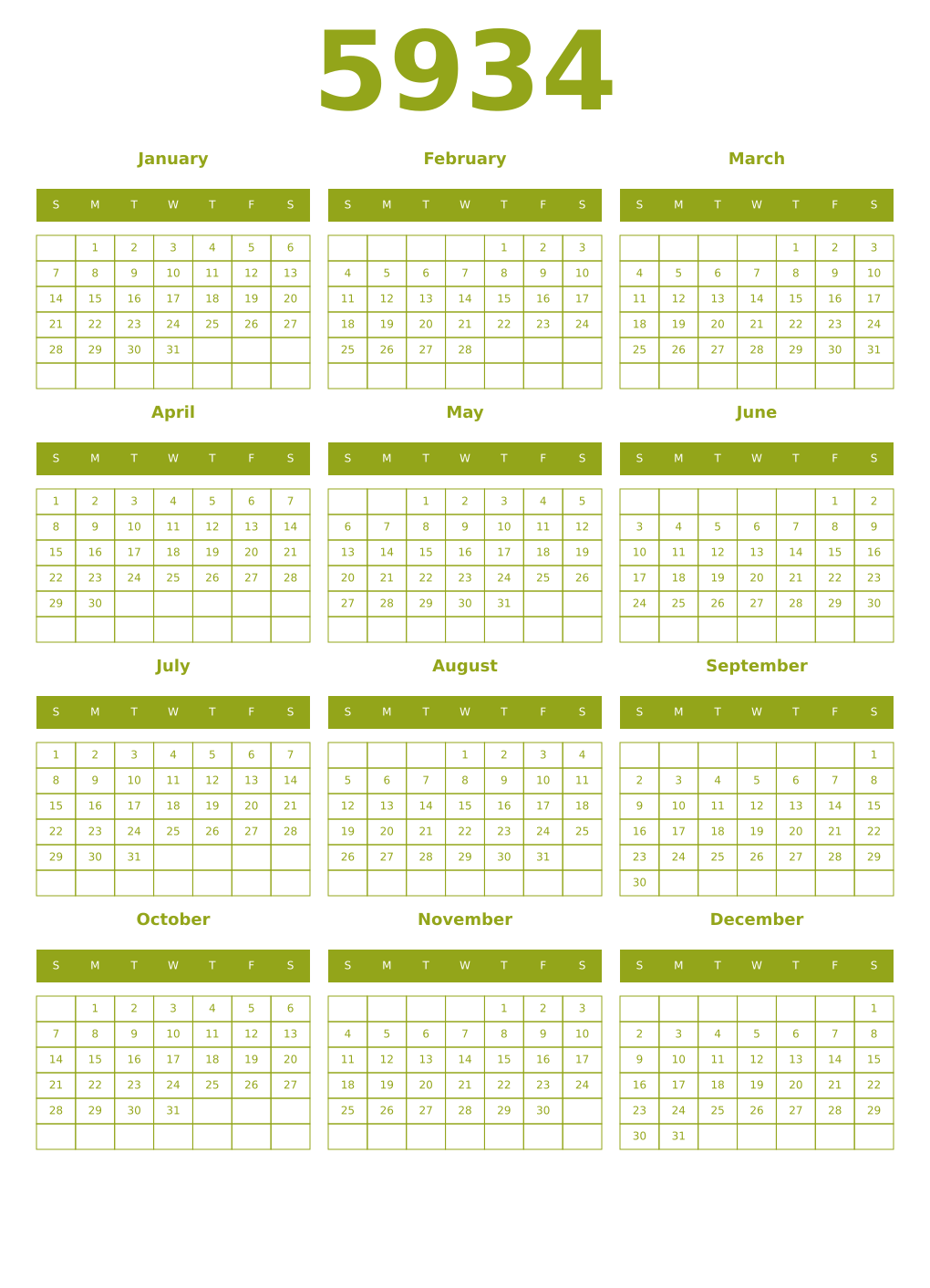 Printable 5934 Year Calendars chartreuse