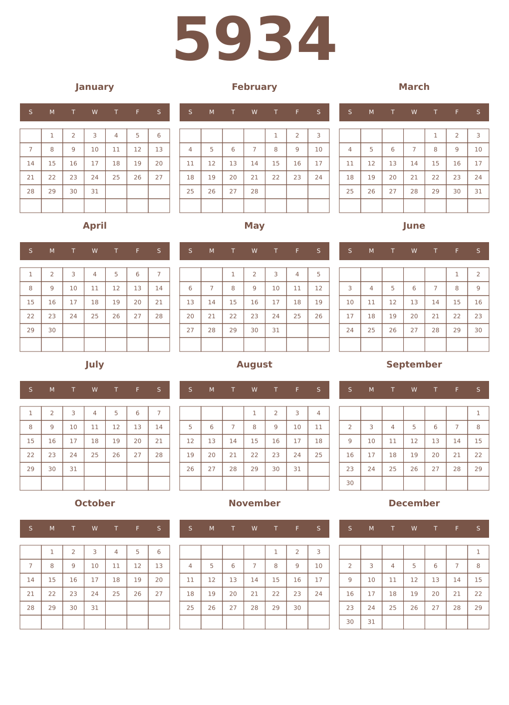 Printable 5934 Year Calendars coffe