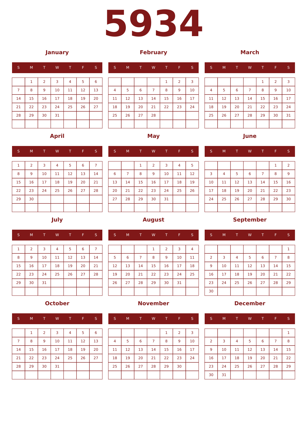 Printable 5934 Year Calendars falu