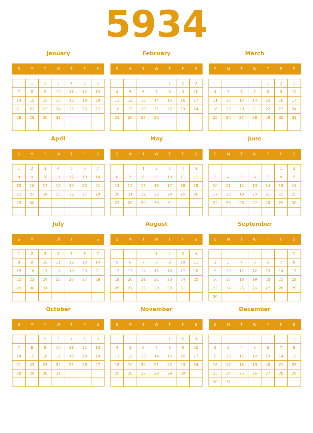 Printable 5934 Year Calendars gamboge