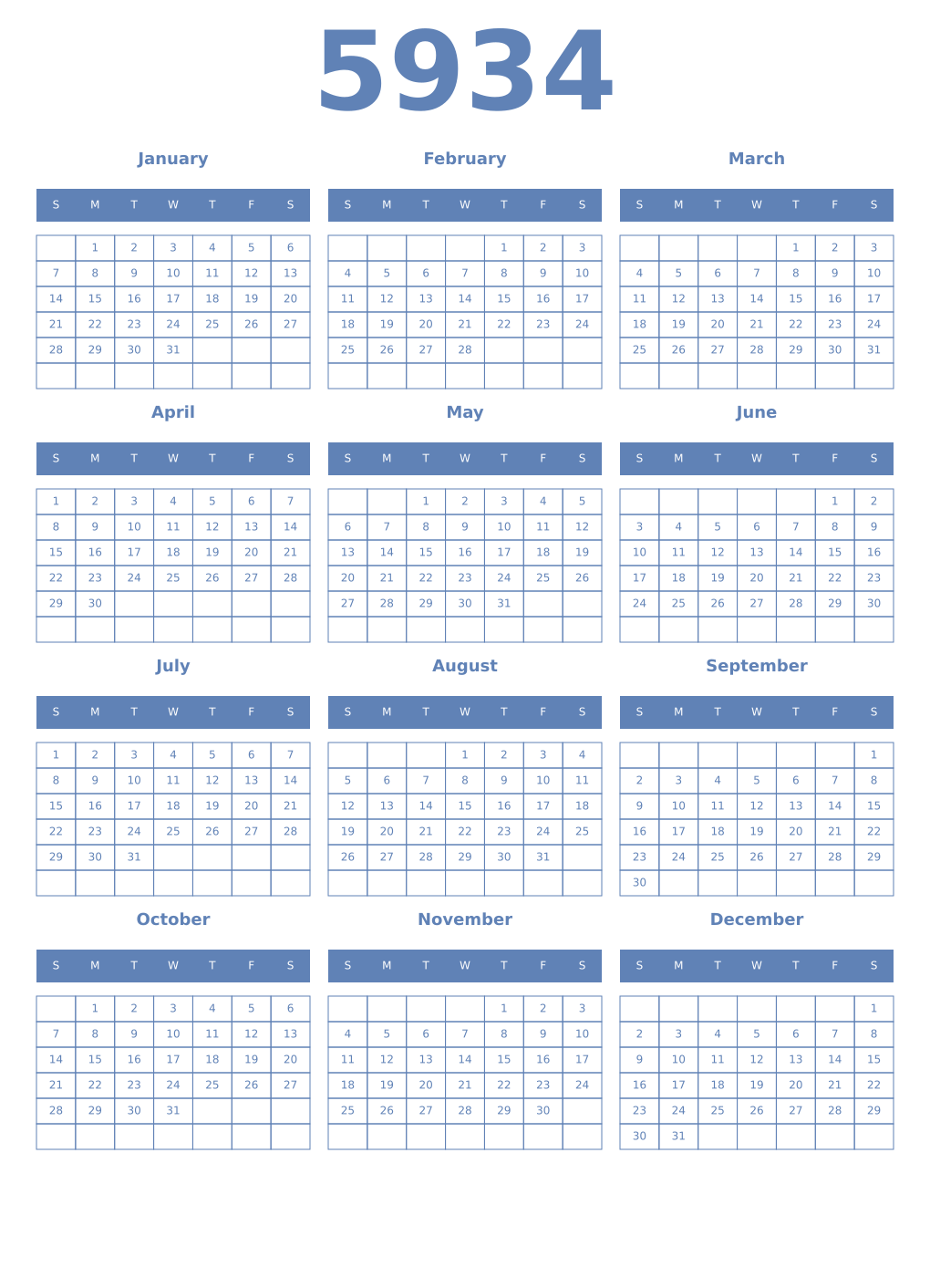Printable 5934 Year Calendars glaucous