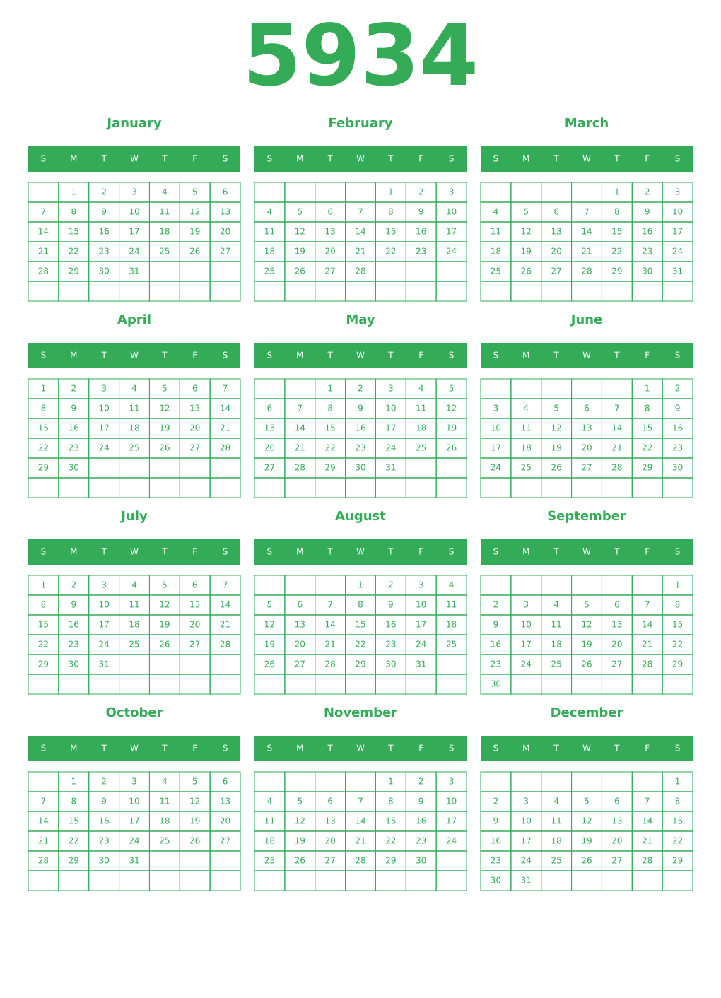 Printable 5934 Year Calendars green