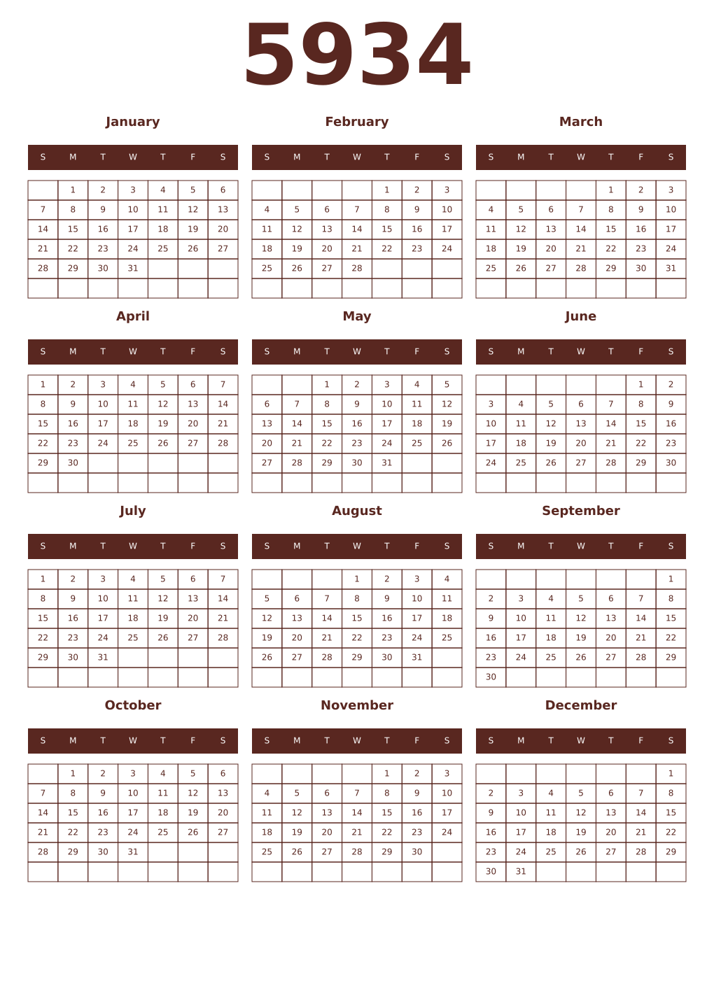Printable 5934 Year Calendars mortuum